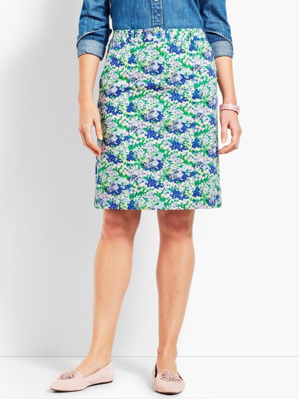 Talbots A Line Floral Stretch Denim Skirt Size 16 Classic Preppy Cottagecore
